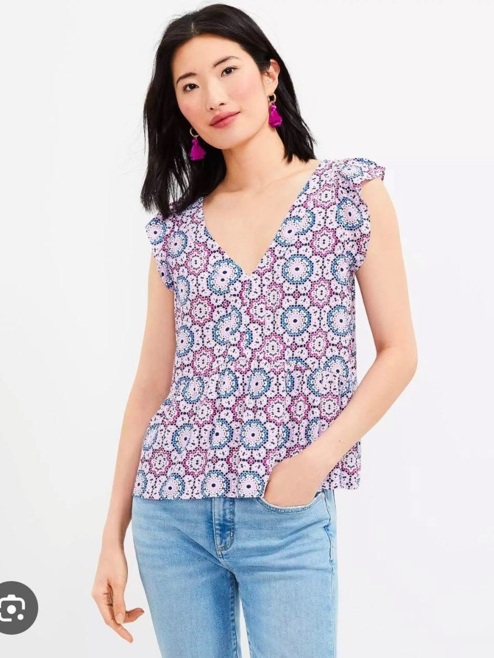 LOFT Pink and Blue Mosaic V-Neck Sleeveless Top